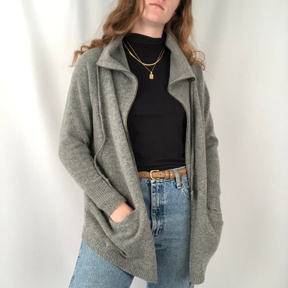 Eileen Fisher 100% Wool Oversized Knit Zip Cowl Cocoon Cardigan Sweater Jacket - Picture 7 of 7